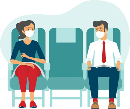 Masked woman and man with empty middle seat in row