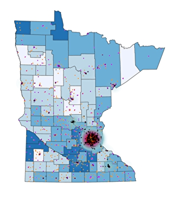 A map of Minnesota showing medical device and linked companies