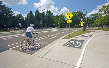 Bicyclist riding in a dedicated bike lane