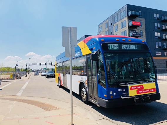 A Line Metro Transit bus pulling up to a curb