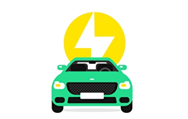 Front view of a green sedan with a yellow and white lightning bolt symbol behind it